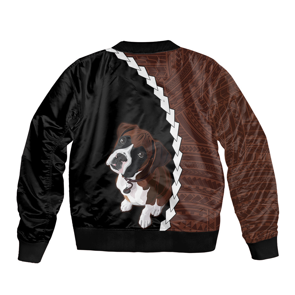 Black bomber jacket with dog portrait, diagonal stripe detail, tribal pattern side
