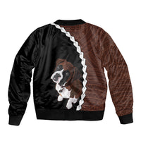 Black bomber jacket with dog portrait, diagonal stripe detail, tribal pattern side