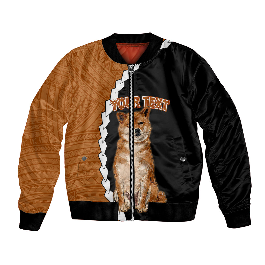 Black and tan unisex bomber jacket with Shiba Inu graphic and custom text on front