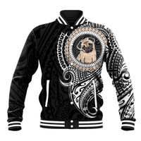 Unisex black baseball jacket with white tribal pug graphic and striped ribbed cuffs
