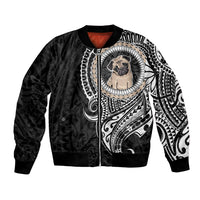 Unisex black bomber jacket with pug graphic and Polynesian tribal artwork on front
