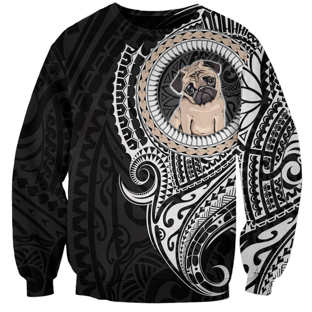 Black dog sweatshirt with pug heart graphic and Polynesian tribal patterns