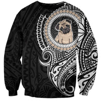 Black dog sweatshirt with pug heart graphic and Polynesian tribal patterns