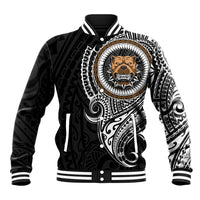 Black baseball jacket with white ribbed collar and pit bull dog graphic on front
