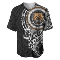 Black baseball jersey with circular bulldog graphic and tribal-style white accents
