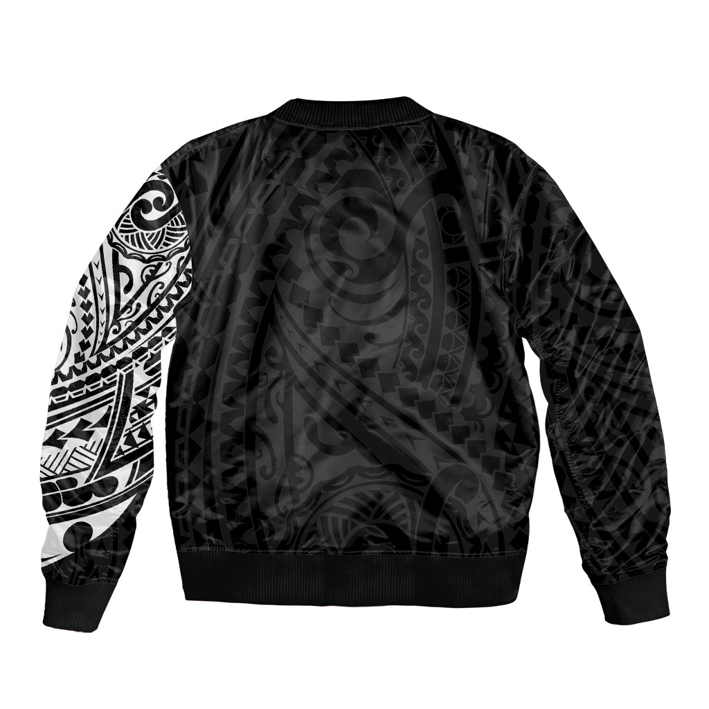 Black unisex bomber jacket with Polynesian-style tribal print sleeves and plain back