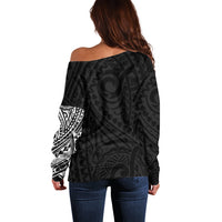 Black off-shoulder sweater for women with allover Polynesian swirl pattern
