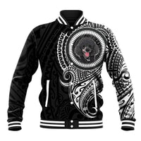 Black varsity baseball jacket with dog graphic, striped collar and cuffs, snap buttons
