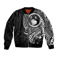 Black unisex bomber jacket with husky tribal front graphic and ribbed collar/cuffs