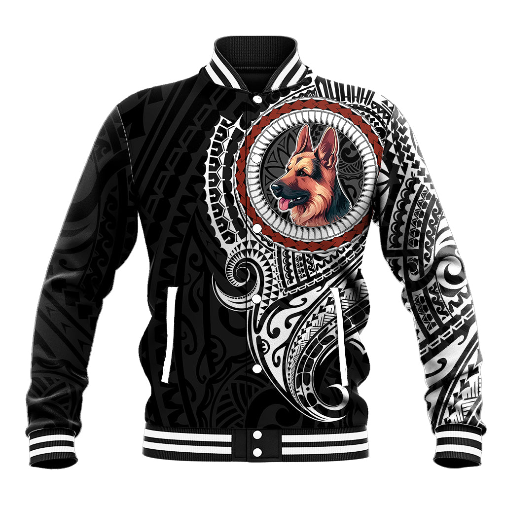 Black unisex baseball jacket with German shepherd graphic and button-front