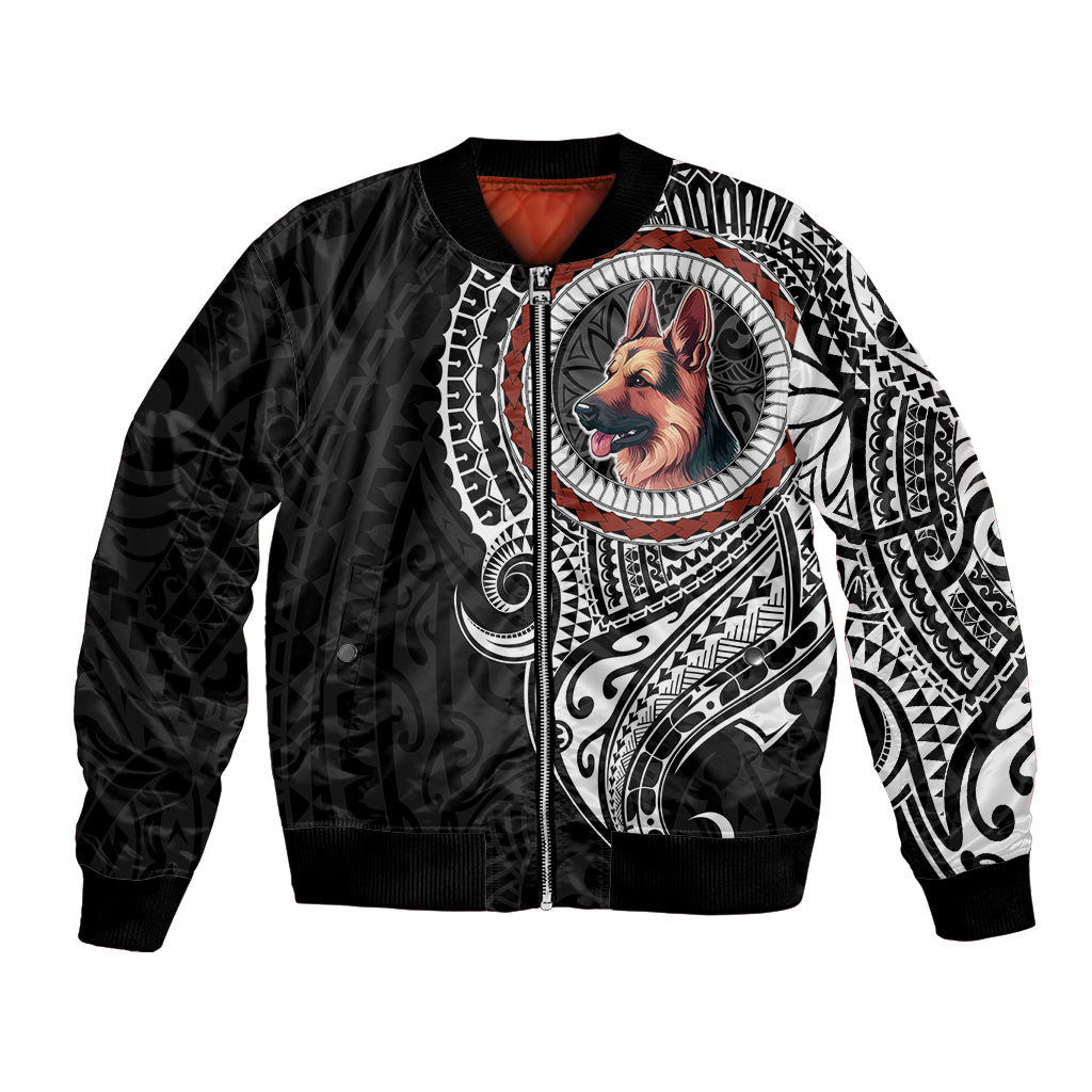 Black unisex bomber jacket with German shepherd dog graphic and tribal sleeve art