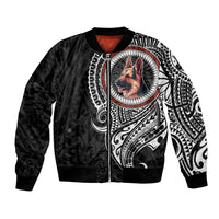 Black unisex bomber jacket with German shepherd dog graphic and tribal sleeve art