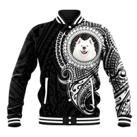 Black baseball jacket with white ribbed collar, cuffs, and large Samoyed dog graphic