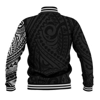 Black baseball jacket with full back Polynesian-style patterns and striped hem