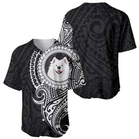 Black baseball jersey with Polynesian patterns and centered white Samoyed dog face graphic