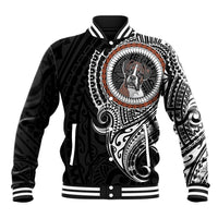 Black baseball jacket with boxer dog graphic, Polynesian-style tribal print, varsity stripes