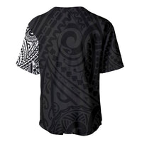 Black baseball jersey with allover Polynesian tribal print, no front graphic