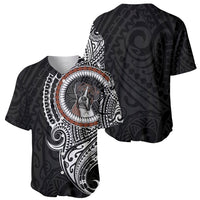 Black dog baseball jersey with round dog portrait and white Polynesian detailing