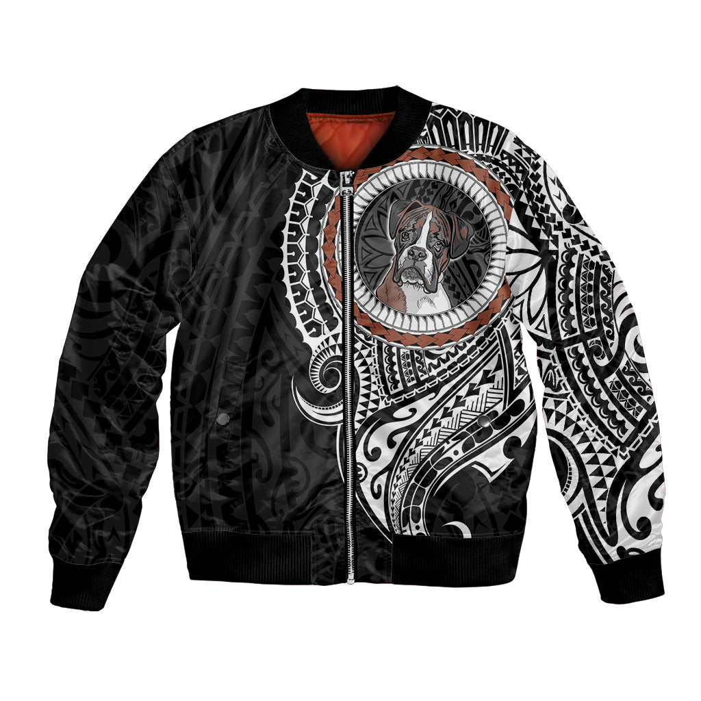 Black unisex bomber jacket with large circular dog graphic and tribal print