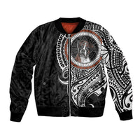 Black unisex bomber jacket with large circular dog graphic and tribal print