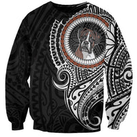 Unisex black dog sweatshirt with large dog graphic and tribal Polynesian pattern