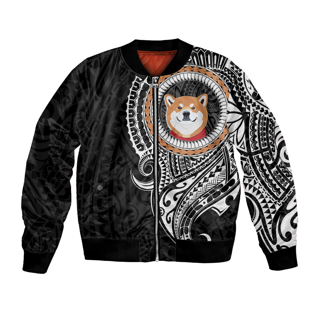Black unisex bomber jacket with shiba dog graphic and tribal patterns on sleeves