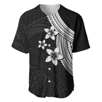 Baseball jersey with plumeria print, black with white floral motifs and button front.