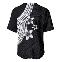 Baseball jersey with plumeria print, black with white floral motifs and patterned diagonal band.