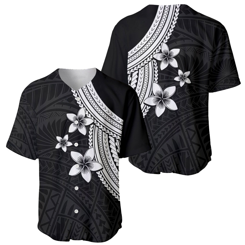Baseball jersey with plumeria print, black with white floral motifs, shown in front and back.