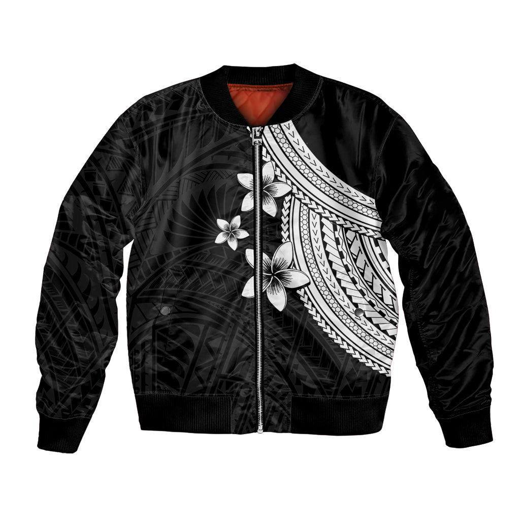 Unisex bomber jacket in dark satin with front zipper and white floral tribal print
