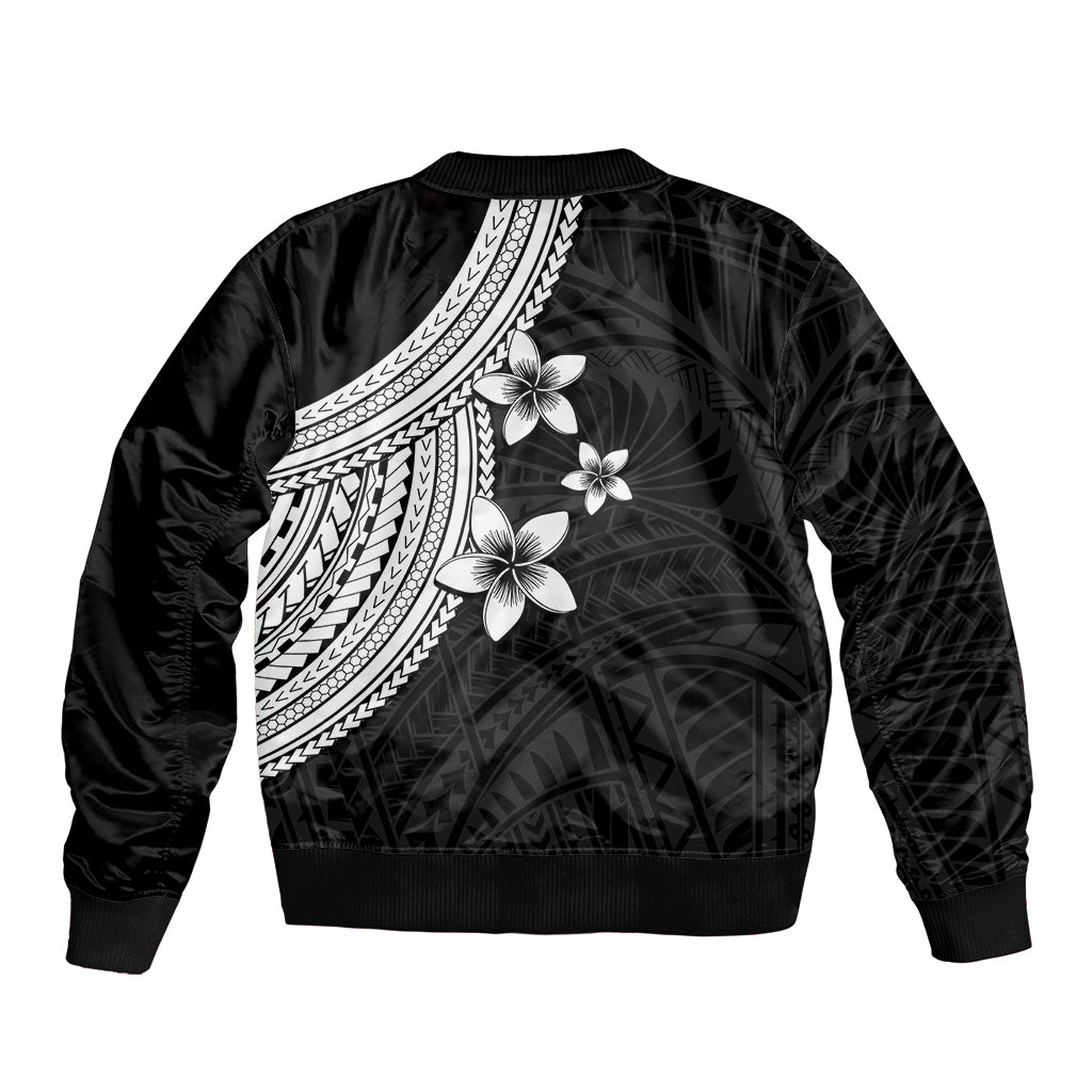 Unisex bomber jacket in dark satin with back white plumeria flowers and tribal graphics