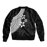 Unisex bomber jacket in dark satin with back white plumeria flowers and tribal graphics