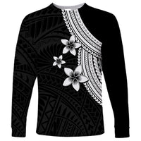 Unisex long-sleeve shirt with crew neck, black geometric print and white plumeria flowers.