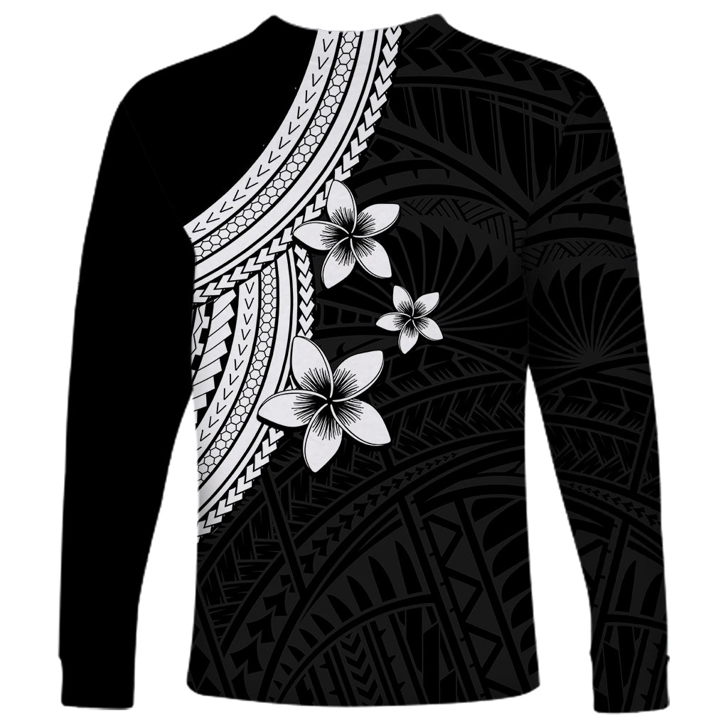 Unisex long-sleeve shirt with diagonal tribal band, white plumeria flowers on dark geometric print.