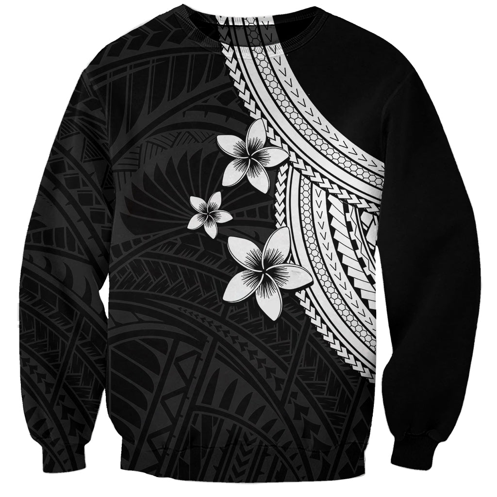 Black pullover sweatshirt with white plumeria flowers and tribal pattern panel on front