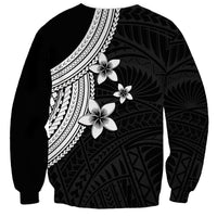 Black pullover sweatshirt with white plumeria flowers and tribal stripe design at back