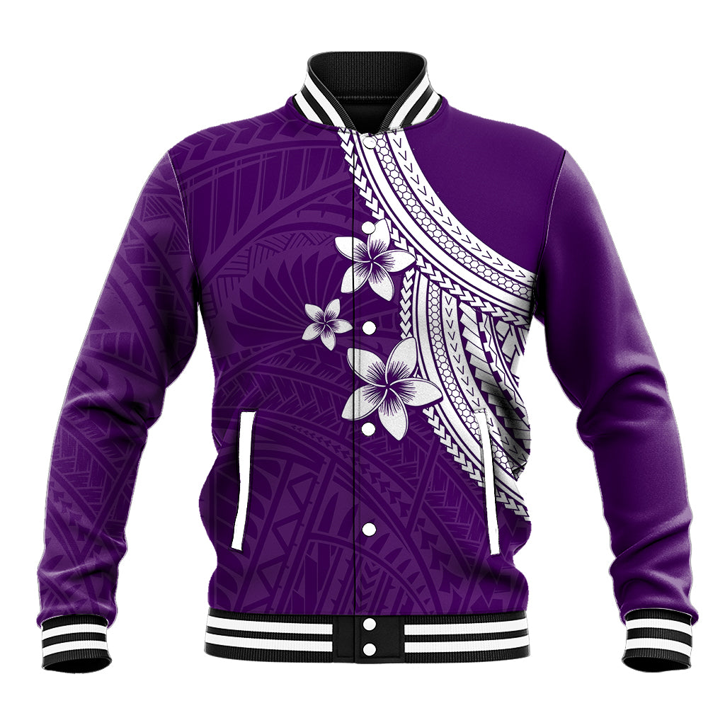 Purple unisex baseball jacket with white plumeria flowers, geometric print, ribbed black-and-white cuffs
