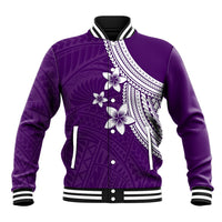 Purple unisex baseball jacket with white plumeria flowers, geometric print, ribbed black-and-white cuffs