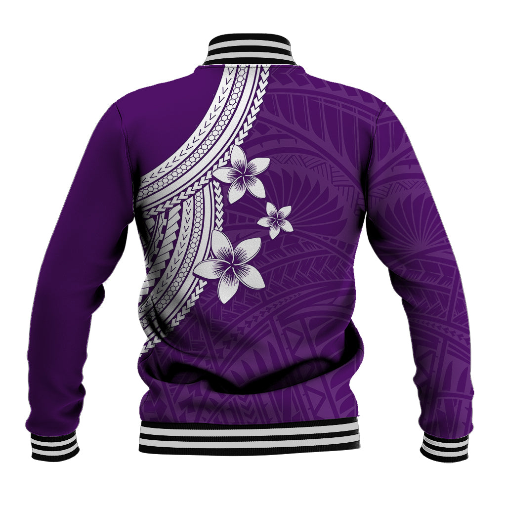 Purple unisex baseball jacket back with white plumeria flowers and geometric print, ribbed striped hem