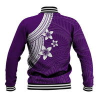 Purple unisex baseball jacket back with white plumeria flowers and geometric print, ribbed striped hem