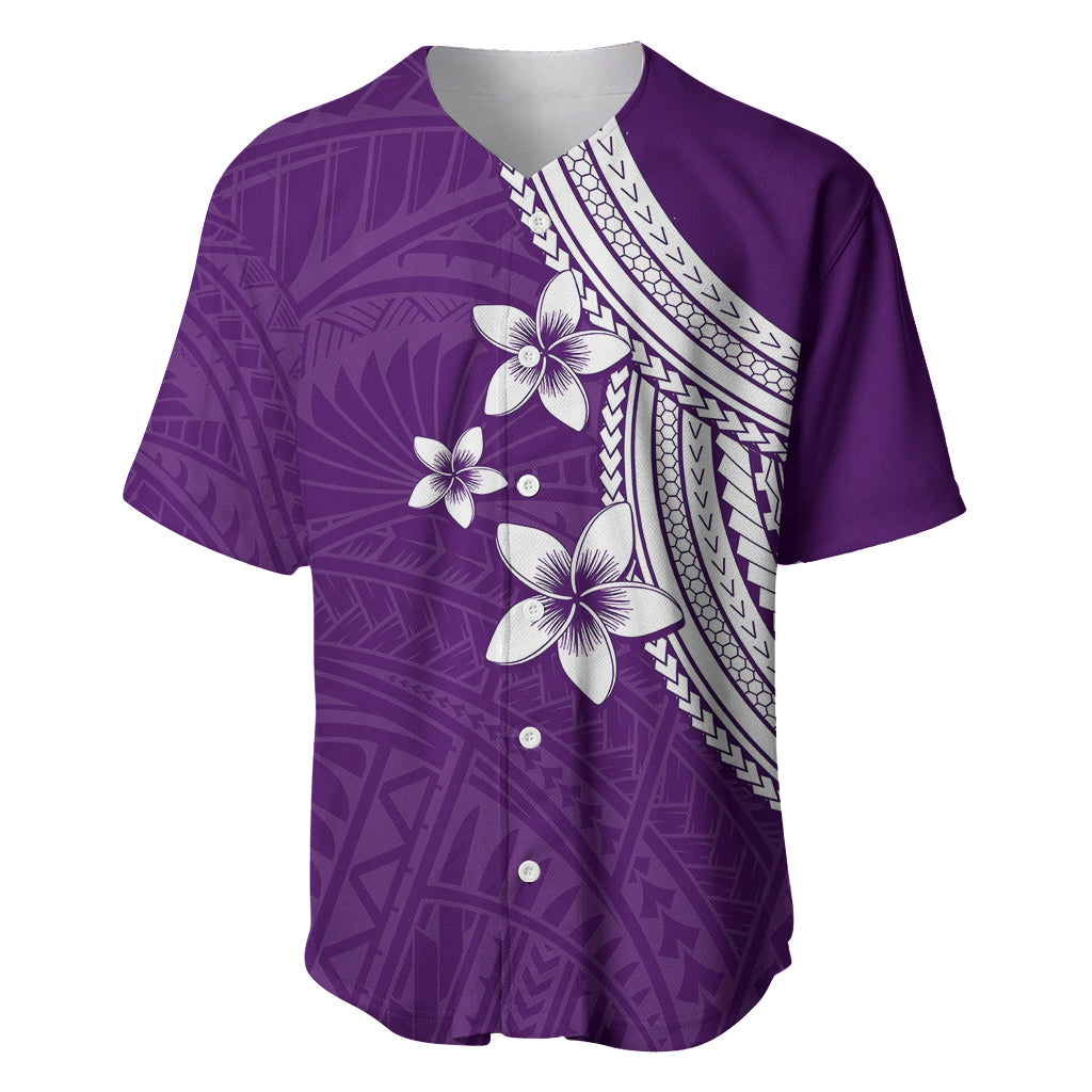 Purple Polynesian baseball jersey with button-up V-neck and white plumeria floral print