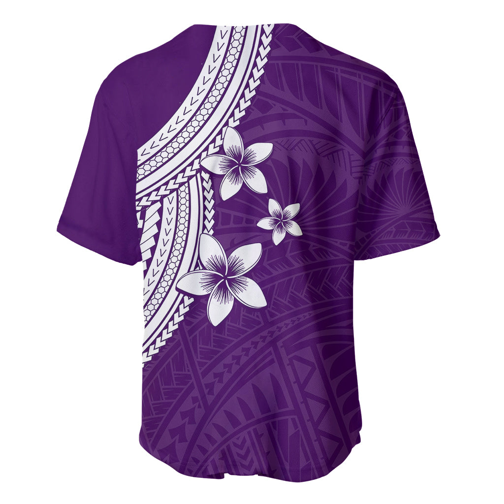 Purple baseball jersey back with white plumeria flowers and patterned crossover trim