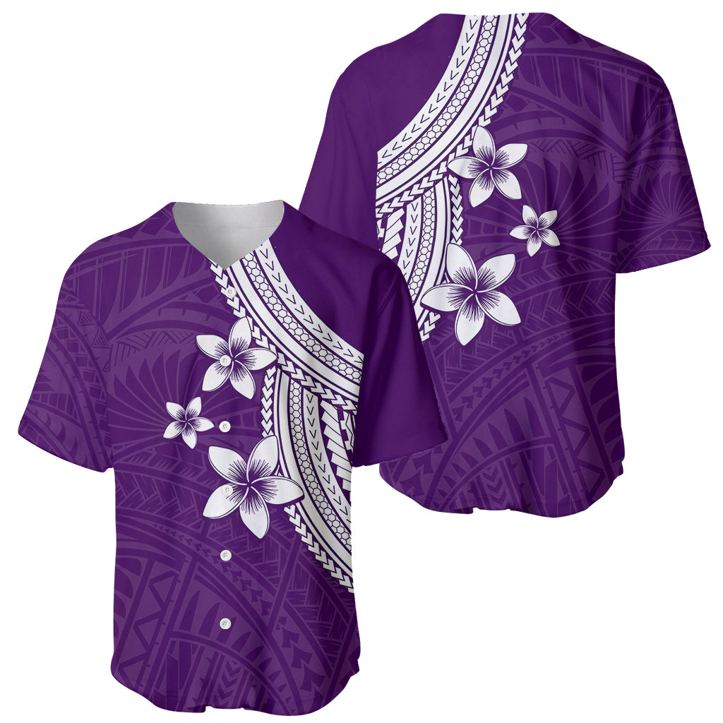 Purple Polynesian baseball jersey set showing front and back with white plumeria print