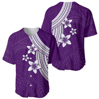 Purple Polynesian baseball jersey set showing front and back with white plumeria print