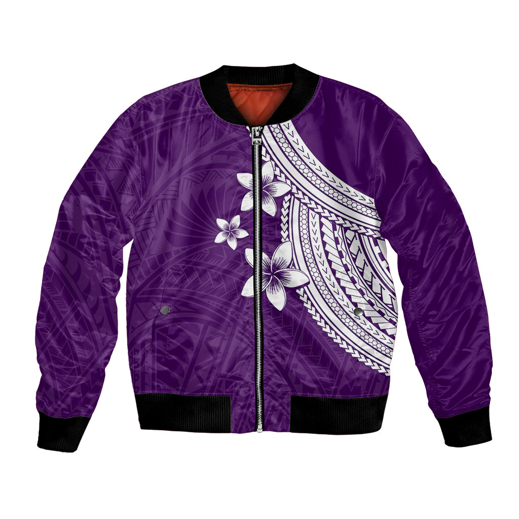 Purple bomber jacket with front zipper and white plumeria floral graphics, black rib trim