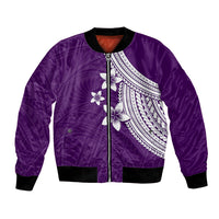 Purple bomber jacket with front zipper and white plumeria floral graphics, black rib trim
