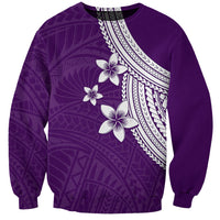 Purple crewneck sweatshirt with white plumeria flowers and geometric side panel
