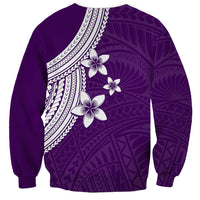 Purple crewneck sweatshirt back with white plumeria flowers and patterned tribal graphics