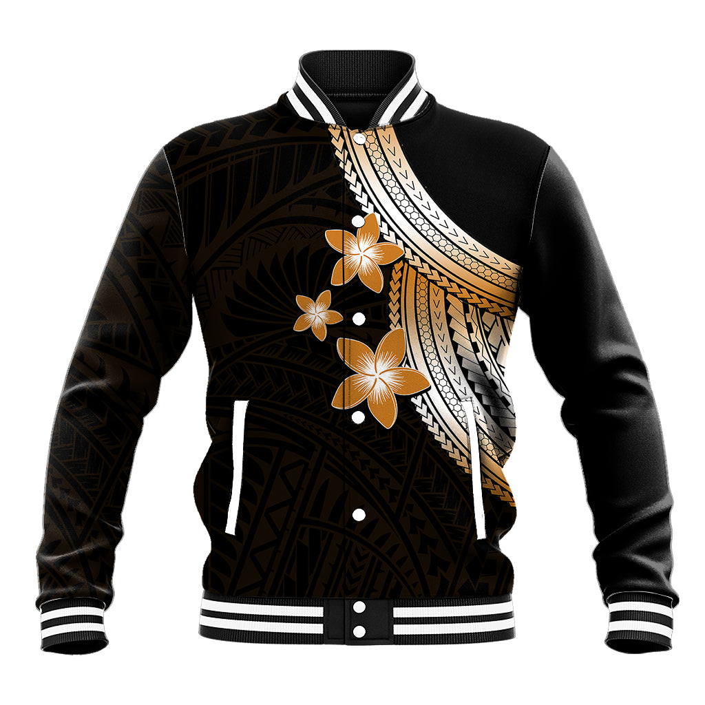 Black baseball jacket with ribbed collar, gold geometric print and plumeria flowers