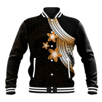 Black baseball jacket with ribbed collar, gold geometric print and plumeria flowers